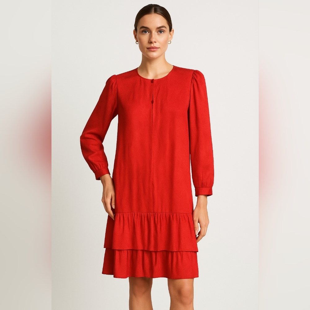 Vintage 100% Silk Red Jacquard Long Sleeve Dress Tiered Hem Midi Retro HELFT 1O